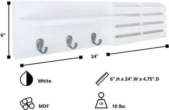 Alt view image 6 of 7 - Kiera Grace Sydney Floating Shelf, Modern Wall Mounted Shelf with 3 Metal Hooks and Mail Holder for Home, Office, 24", White, 1Pack