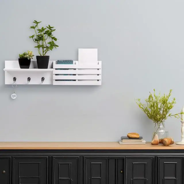 Alt view image 7 of 7 - Kiera Grace Sydney Floating Shelf, Modern Wall Mounted Shelf with 3 Metal Hooks and Mail Holder for Home, Office, 24", White, 1Pack