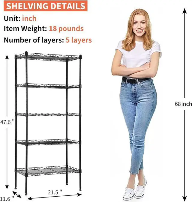 Alt view image 3 of 7 - 5 Tier Storage Shelves, Adjustable Wire Shelf Rack 21.5 x 11.6 x 47.6