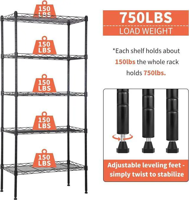 Alt view image 7 of 7 - 5 Tier Storage Shelves, Adjustable Wire Shelf Rack 21.5 x 11.6 x 47.6