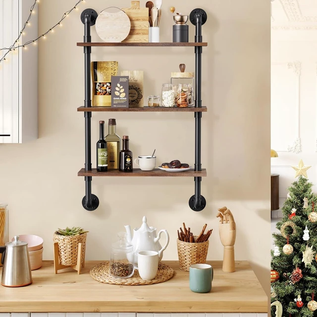 Alt view image 2 of 6 - 3 Tier Rustic Floating Shelves Industrial Pipe Floating Shelf