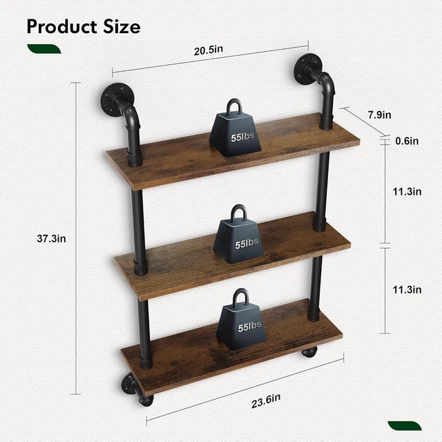 Alt view image 3 of 6 - 3 Tier Rustic Floating Shelves Industrial Pipe Floating Shelf