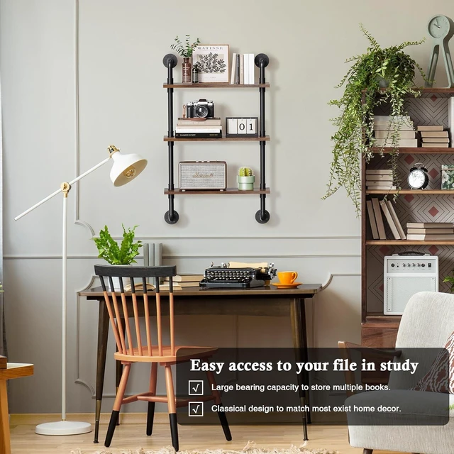 Alt view image 4 of 6 - 3 Tier Rustic Floating Shelves Industrial Pipe Floating Shelf