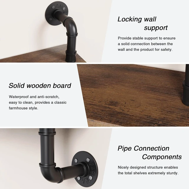 Alt view image 6 of 6 - 3 Tier Rustic Floating Shelves Industrial Pipe Floating Shelf