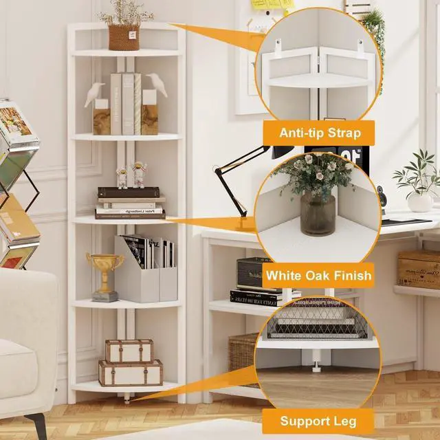 Alt view image 5 of 7 - FATORRI Tall Corner Shelf, 5 Tier Modern Corner Bookshelf Stand, Wood and Metal Corner Plant Bookcase for Living Room, Home Office (White Oak)