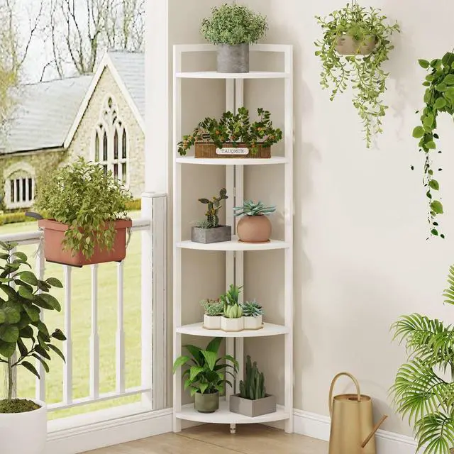 Alt view image 6 of 7 - FATORRI Tall Corner Shelf, 5 Tier Modern Corner Bookshelf Stand, Wood and Metal Corner Plant Bookcase for Living Room, Home Office (White Oak)