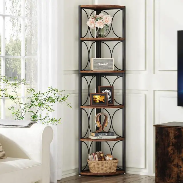Alt view image 3 of 7 - Tribesigns 67 inch Tall Corner Shelf, 6 Tier Rustic Corner Bookshelf Bookcase Storage Rack Standing Shelving Unit for Living Room, Small Space