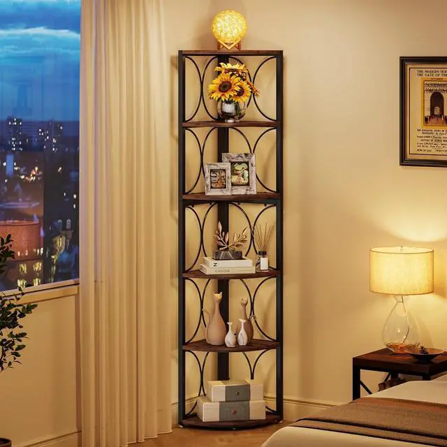 Alt view image 4 of 7 - Tribesigns 67 inch Tall Corner Shelf, 6 Tier Rustic Corner Bookshelf Bookcase Storage Rack Standing Shelving Unit for Living Room, Small Space