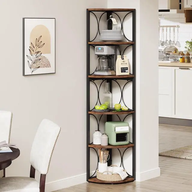 Alt view image 5 of 7 - Tribesigns 67 inch Tall Corner Shelf, 6 Tier Rustic Corner Bookshelf Bookcase Storage Rack Standing Shelving Unit for Living Room, Small Space
