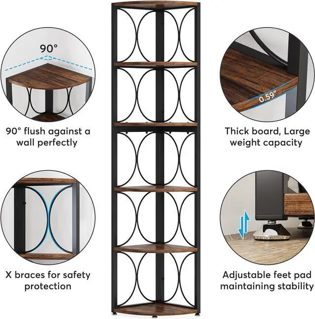 Alt view image 7 of 7 - Tribesigns 67 inch Tall Corner Shelf, 6 Tier Rustic Corner Bookshelf Bookcase Storage Rack Standing Shelving Unit for Living Room, Small Space