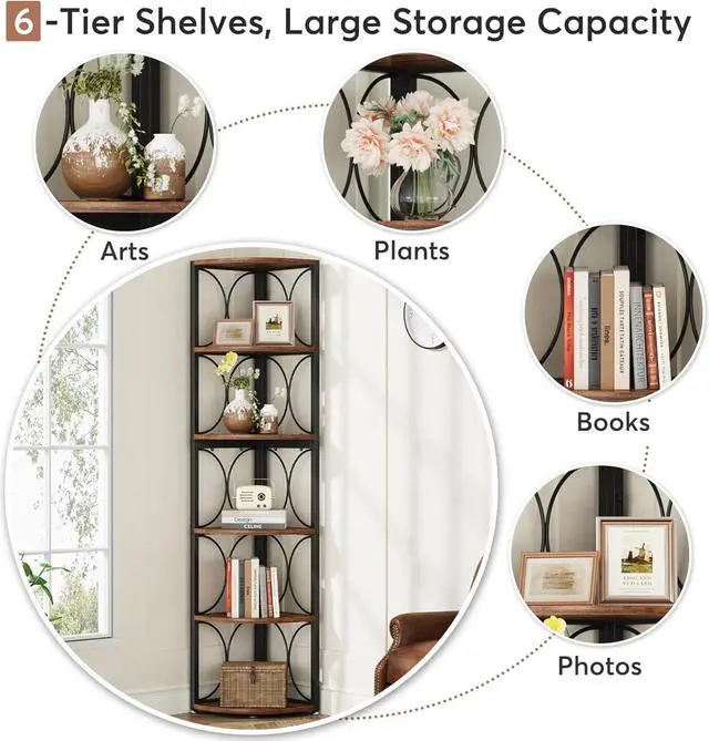 Alt view image 6 of 7 - Tribesigns 67 inch Tall Corner Shelf, 6 Tier Rustic Corner Bookshelf Bookcase Storage Rack Standing Shelving Unit for Living Room, Small Space