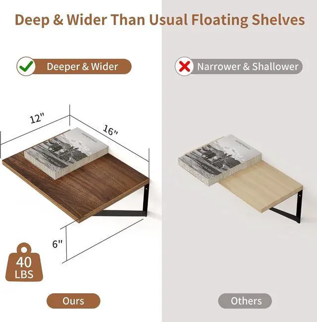 Alt view image 3 of 7 - Axeman Deep Floating Shelves - 16 Inch Wide x 12 Inch Deep Walnut Wall Shelves Set of 2 - Rustic Wide Wood Wall Mounted Shelves for Room Decor & Storage