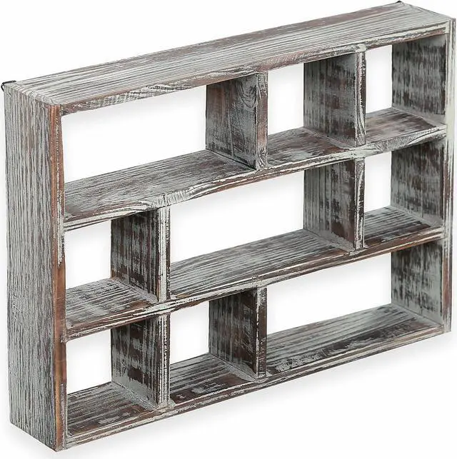 Main image of MyGift 9 Compartment Wood Shadow Box Display Shelf, Rustic Curio Case