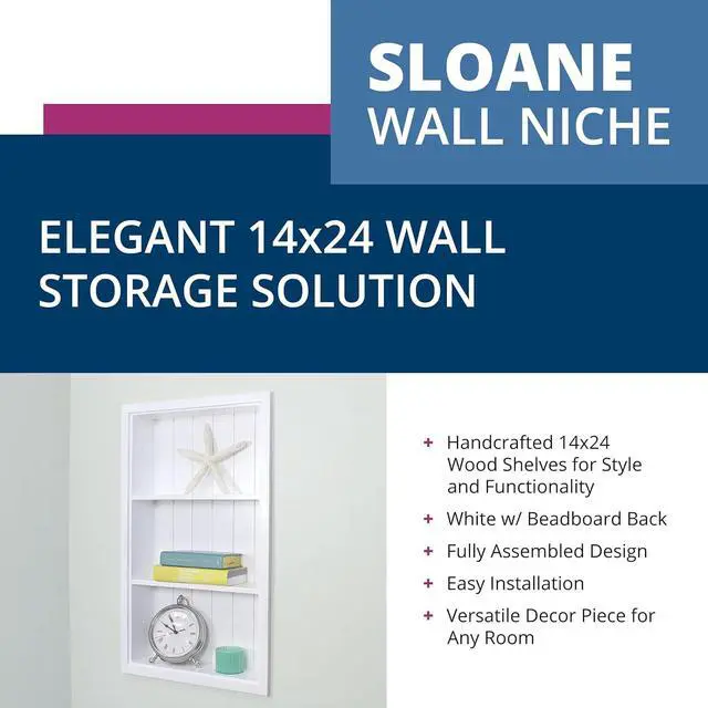 Alt view image 4 of 5 - 14x24 Sloane Recessed Wall Niche Medicine Cabinet Replacement, in The Wall Bathroom Cabinet Insert Shelf/Shelves, Made in North America, Real Wood, NO MDF, White Beadboard Back