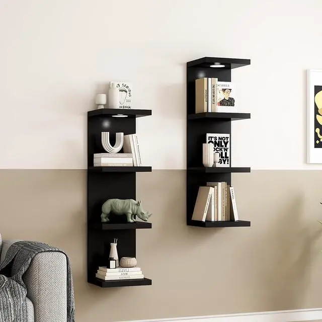 Alt view image 4 of 7 - LitaEther Versatile 4 Tier Wall Shelf Unit,Black Lack Wall Shelf,Display Floating Shelf with LED Remote Control Light