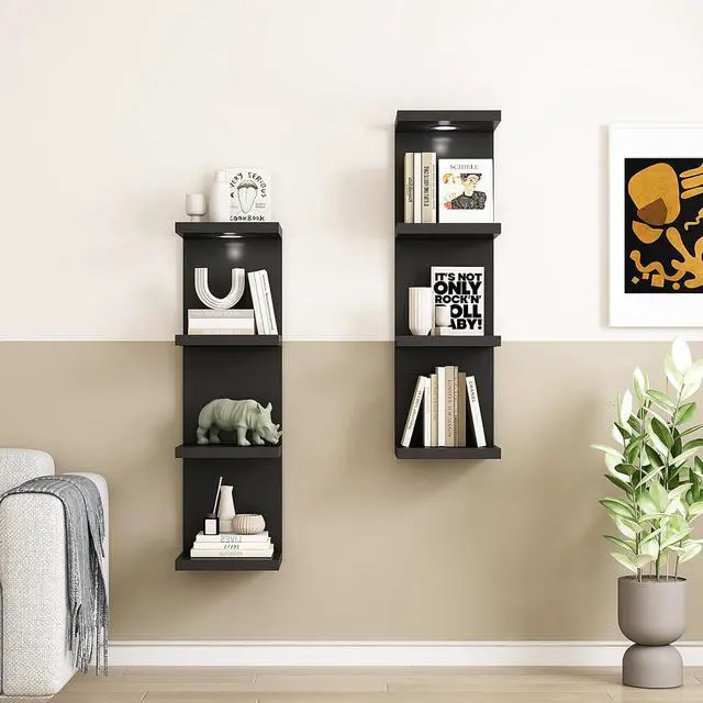 Alt view image 5 of 7 - LitaEther Versatile 4 Tier Wall Shelf Unit,Black Lack Wall Shelf,Display Floating Shelf with LED Remote Control Light