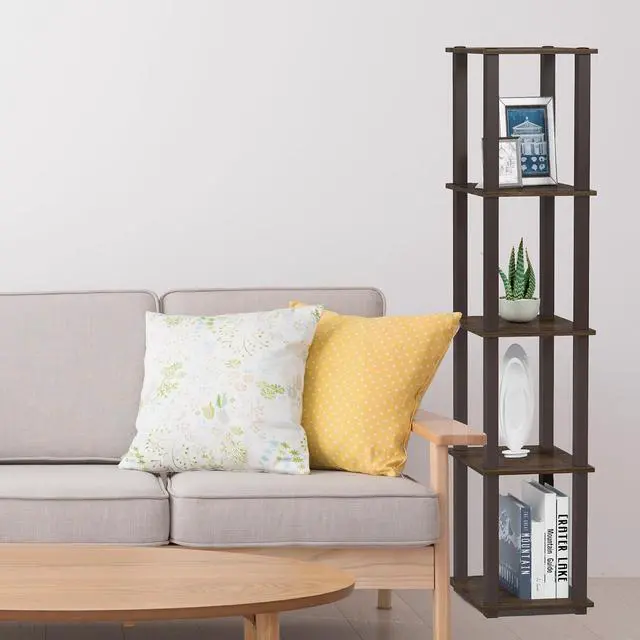 Alt view image 2 of 6 - FURINNO Turn-S-Tube 5-Tier Corner Square Rack Display Shelf, Walnut/Brown