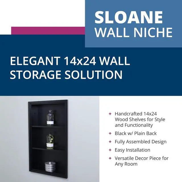 Alt view image 3 of 4 - 14x24 Sloane Recessed Wall Niche Medicine Cabinet Replacement, in The Wall Bathroom Cabinet Insert Shelf/Shelves, Made in North America, Real Wood, NO MDF, Black Plain Back