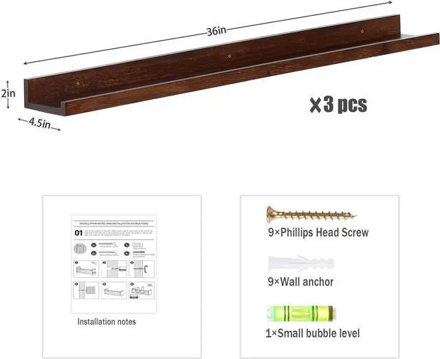 Alt view image 3 of 7 - AZSKY Floating Shelves Wall Mount Deep Walnut for Wall Storage 36 Inch Rustic Picture Photo Ledge Shelf with Lip Nursery Book Shelves for Kids Room Bedroom Bathroom Living Room Kitchen Decor Set of 3