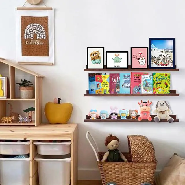Alt view image 4 of 7 - AZSKY Floating Shelves Wall Mount Deep Walnut for Wall Storage 36 Inch Rustic Picture Photo Ledge Shelf with Lip Nursery Book Shelves for Kids Room Bedroom Bathroom Living Room Kitchen Decor Set of 3