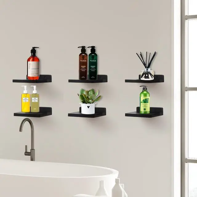Alt view image 6 of 7 - Small Floating Shelf, 5x6 Inch Display Ledges for Wall,Mini Shelves,Rustic Wood Shelf for Bedroom Living Room Bathroom Kitchen (6, Black)