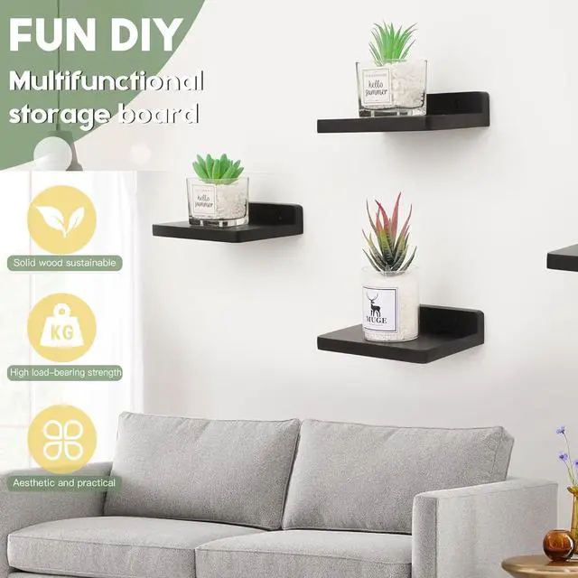Alt view image 5 of 7 - Small Floating Shelf, 5x6 Inch Display Ledges for Wall,Mini Shelves,Rustic Wood Shelf for Bedroom Living Room Bathroom Kitchen (6, Black)