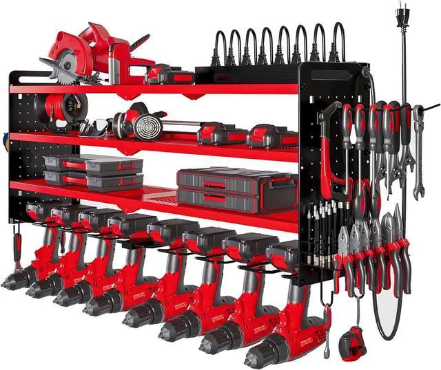 Main image of Power Tool Organizer Wall Mount with Charging Station,Cordless Tool Organizer 8 Drill Holder, 4 Layer Storage Rack for Garage Organization,Tool Holder with 8 Outlet Power Strip (Red)