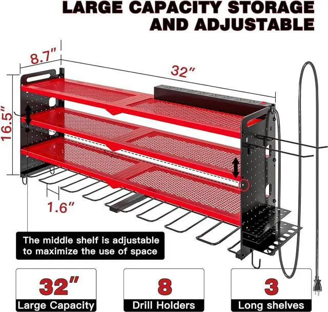 Alt view image 2 of 7 - Power Tool Organizer Wall Mount with Charging Station,Cordless Tool Organizer 8 Drill Holder, 4 Layer Storage Rack for Garage Organization,Tool Holder with 8 Outlet Power Strip (Red)