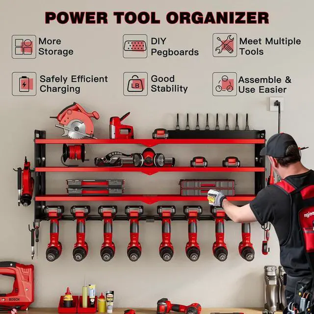 Alt view image 3 of 7 - Power Tool Organizer Wall Mount with Charging Station,Cordless Tool Organizer 8 Drill Holder, 4 Layer Storage Rack for Garage Organization,Tool Holder with 8 Outlet Power Strip (Red)