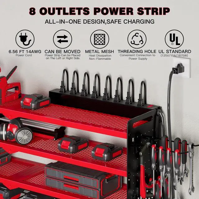Alt view image 4 of 7 - Power Tool Organizer Wall Mount with Charging Station,Cordless Tool Organizer 8 Drill Holder, 4 Layer Storage Rack for Garage Organization,Tool Holder with 8 Outlet Power Strip (Red)