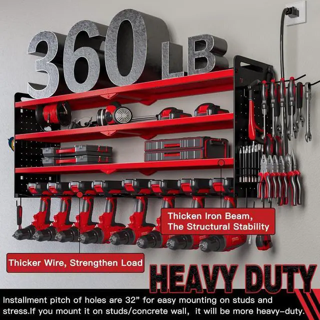 Alt view image 5 of 7 - Power Tool Organizer Wall Mount with Charging Station,Cordless Tool Organizer 8 Drill Holder, 4 Layer Storage Rack for Garage Organization,Tool Holder with 8 Outlet Power Strip (Red)