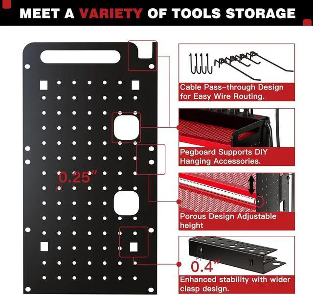Alt view image 6 of 7 - Power Tool Organizer Wall Mount with Charging Station,Cordless Tool Organizer 8 Drill Holder, 4 Layer Storage Rack for Garage Organization,Tool Holder with 8 Outlet Power Strip (Red)