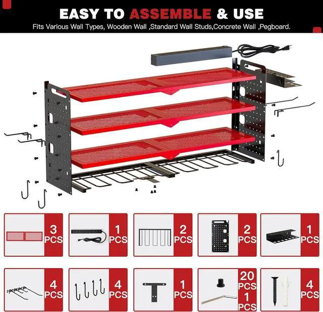 Alt view image 7 of 7 - Power Tool Organizer Wall Mount with Charging Station,Cordless Tool Organizer 8 Drill Holder, 4 Layer Storage Rack for Garage Organization,Tool Holder with 8 Outlet Power Strip (Red)