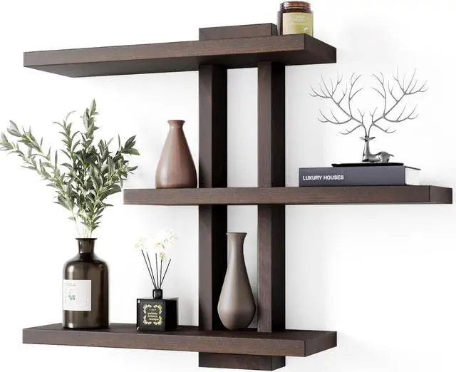 Main image of yaqew Wood Floating Shelves Set of 3, Dark Walnut, 28.35" x 23" x 5.9"