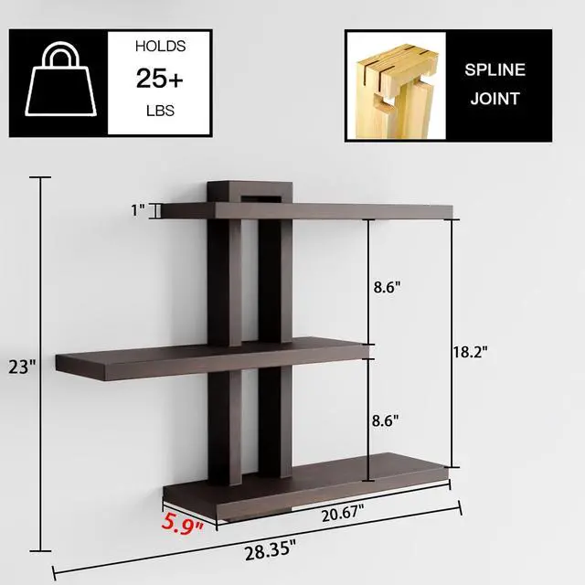 Alt view image 3 of 7 - yaqew Wood Floating Shelves Set of 3, Dark Walnut, 28.35" x 23" x 5.9"