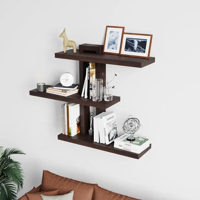 Alt view image 7 of 7 - yaqew Wood Floating Shelves Set of 3, Dark Walnut, 28.35" x 23" x 5.9"