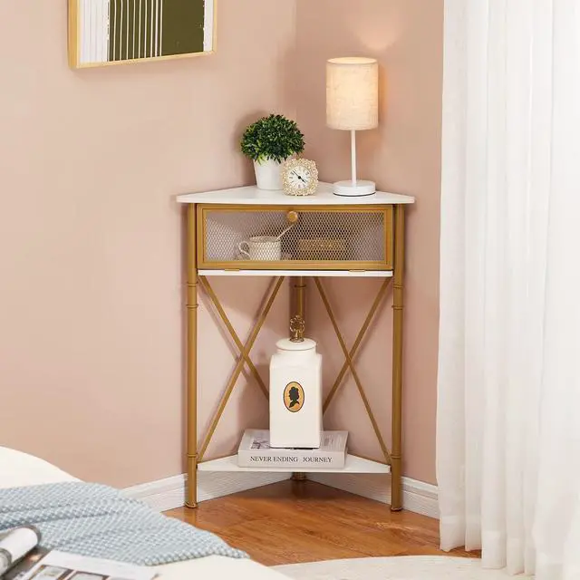 Alt view image 3 of 7 - VECELO Cabinet/Table, 3-Tier Display Shelves with Protection Door, Metal Frame Storage Shelf Organizer for Small Space, Living Room, Kitchen, Bathroom, Set of 1, Gold+Black