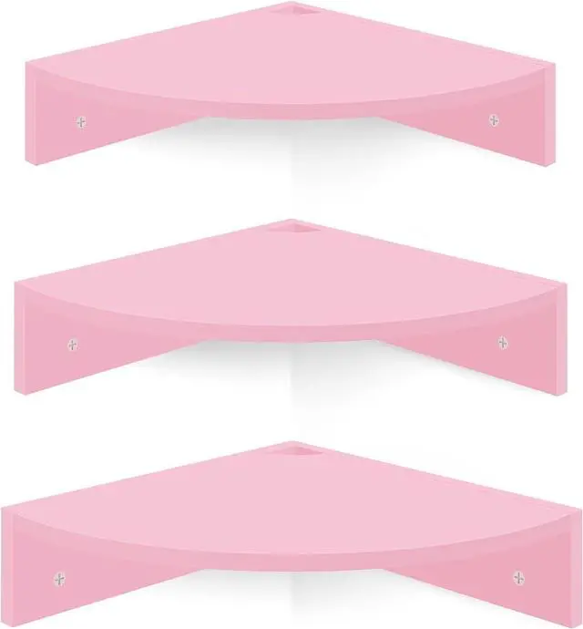 Main image of Homode Corner Shelf Wall Mount, Set of 3 Corner Floating Shelves with Cable Hole, 3 Tier Wood Corner Hanging Shelves, Living Room Bedroom Bathroom, Pink