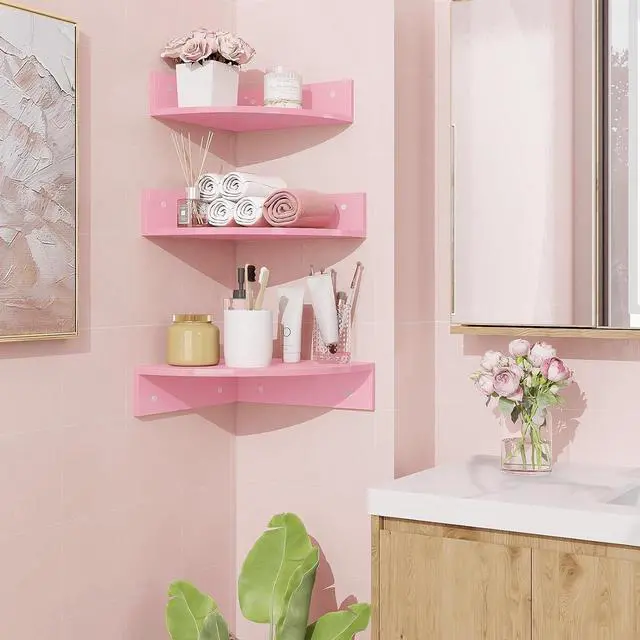 Alt view image 2 of 7 - Homode Corner Shelf Wall Mount, Set of 3 Corner Floating Shelves with Cable Hole, 3 Tier Wood Corner Hanging Shelves, Living Room Bedroom Bathroom, Pink