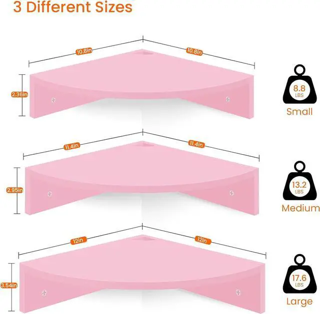 Alt view image 3 of 7 - Homode Corner Shelf Wall Mount, Set of 3 Corner Floating Shelves with Cable Hole, 3 Tier Wood Corner Hanging Shelves, Living Room Bedroom Bathroom, Pink