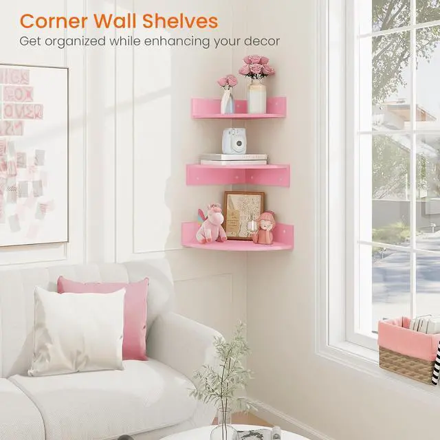 Alt view image 4 of 7 - Homode Corner Shelf Wall Mount, Set of 3 Corner Floating Shelves with Cable Hole, 3 Tier Wood Corner Hanging Shelves, Living Room Bedroom Bathroom, Pink