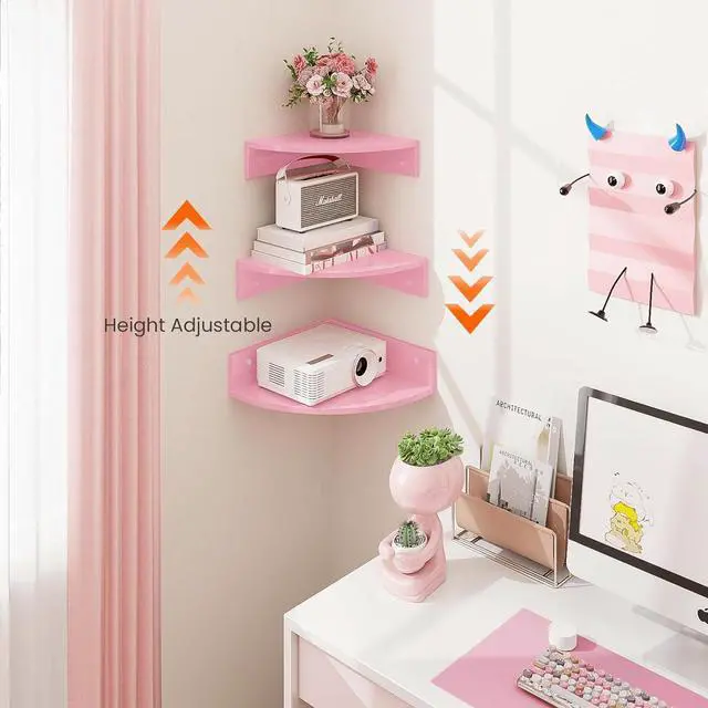 Alt view image 6 of 7 - Homode Corner Shelf Wall Mount, Set of 3 Corner Floating Shelves with Cable Hole, 3 Tier Wood Corner Hanging Shelves, Living Room Bedroom Bathroom, Pink