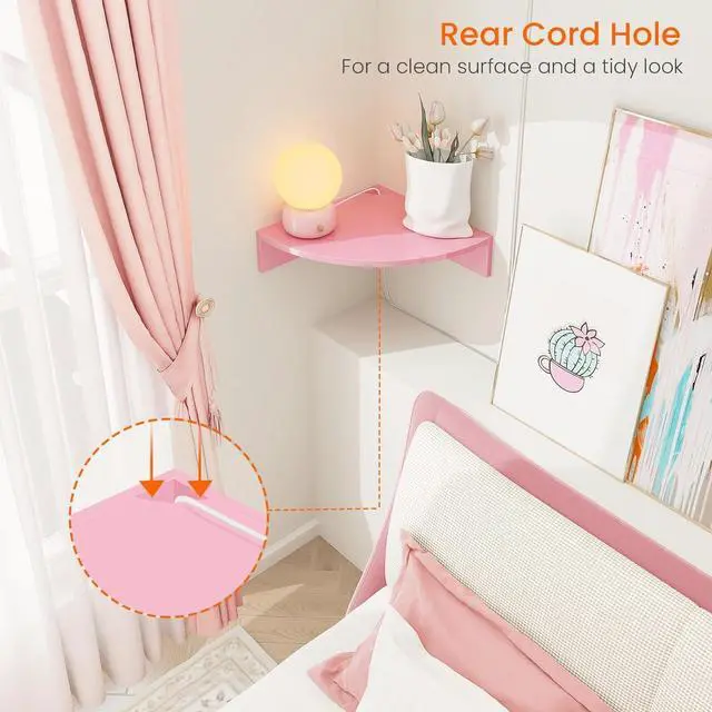Alt view image 5 of 7 - Homode Corner Shelf Wall Mount, Set of 3 Corner Floating Shelves with Cable Hole, 3 Tier Wood Corner Hanging Shelves, Living Room Bedroom Bathroom, Pink