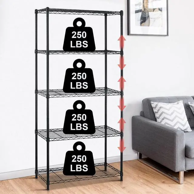 Main image of 5 Tier Storage Shelves, 1250 Lbs Capacity Heavy Duty Wire Shelving Unit, NSF Metal Shelf, Adjustable Storage Rack for Garage Pantry Kitchen Office Laundry- 14" D X 36" L X72 H, Black