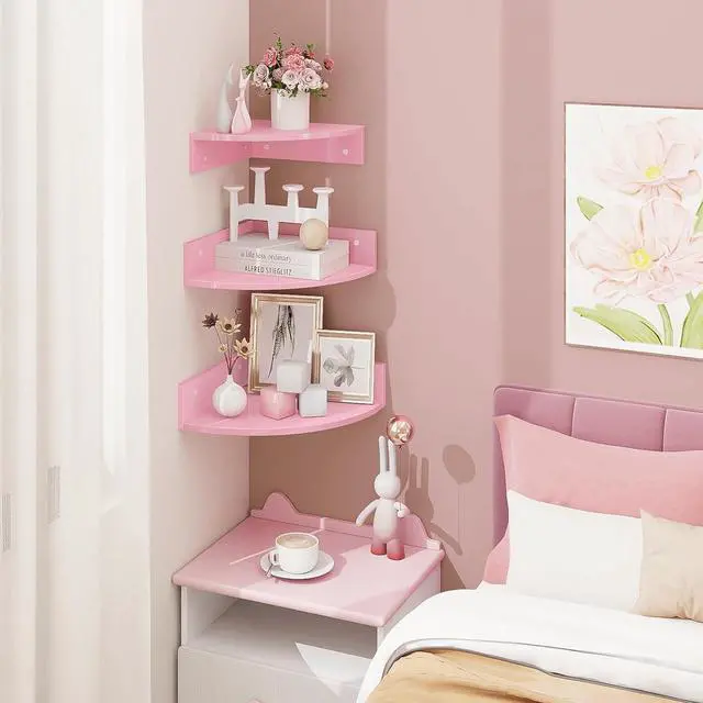 Alt view image 7 of 7 - Homode Corner Shelf Wall Mount, Set of 3 Corner Floating Shelves with Cable Hole, 3 Tier Wood Corner Hanging Shelves, Living Room Bedroom Bathroom, Pink