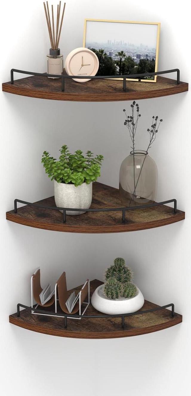 HORLIMER Floating Corner Shelf Wall Mount Set of 3 Rustic Wood Corner Wall Shelves with Fence for Bedroom Living Room Bathroom Kitchen Brown Newegg