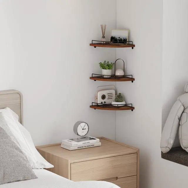 Alt view image 2 of 7 - HORLIMER 3 Pack Floating Corner Shelf Wall Mount with Fence, Brown