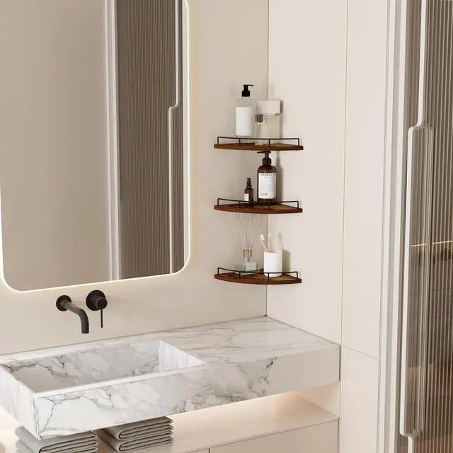 Alt view image 5 of 7 - HORLIMER 3 Pack Floating Corner Shelf Wall Mount with Fence, Brown