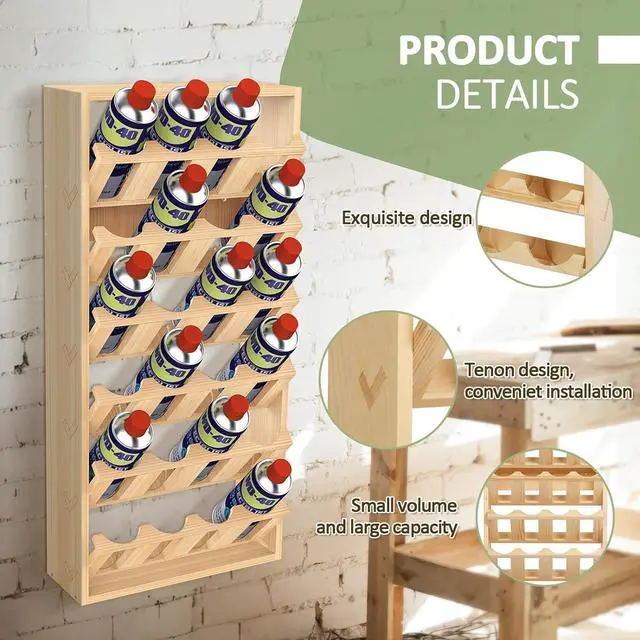 Alt view image 2 of 7 - 6 Tier 24 Can Spray Paint or Lube Can Wall Mount Storage Holder Rack Lube Holder Organization Storage Rack Wood Shelf Case Organizer, 14.2" L x 5" W x 30" H