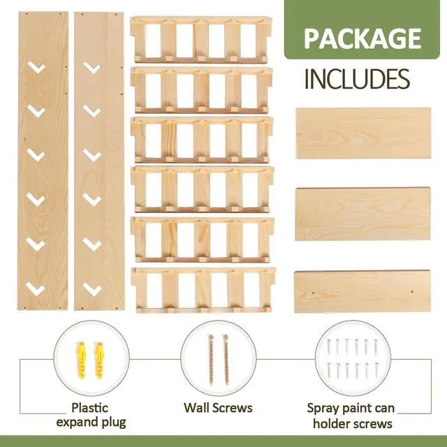 Alt view image 5 of 7 - 6 Tier 24 Can Spray Paint or Lube Can Wall Mount Storage Holder Rack Lube Holder Organization Storage Rack Wood Shelf Case Organizer, 14.2" L x 5" W x 30" H